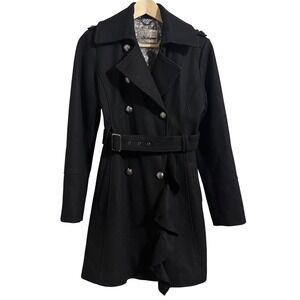 Y2K GUESS Vintage Women's Black Ruffle Double Breasted Belted Pea Coat Size M